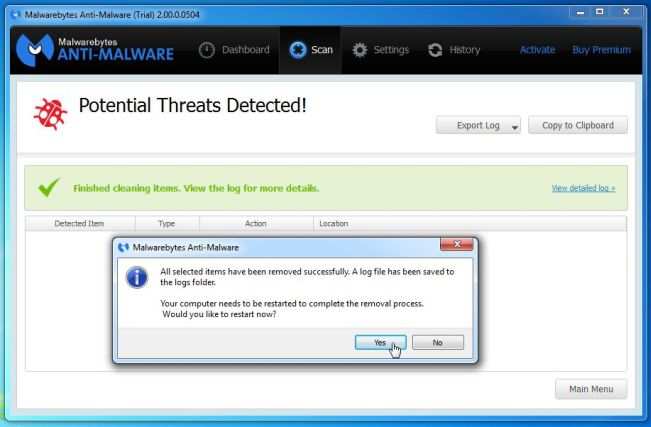 [Изображение: Malwarebytes Anti-Malware при удалении вирусов]