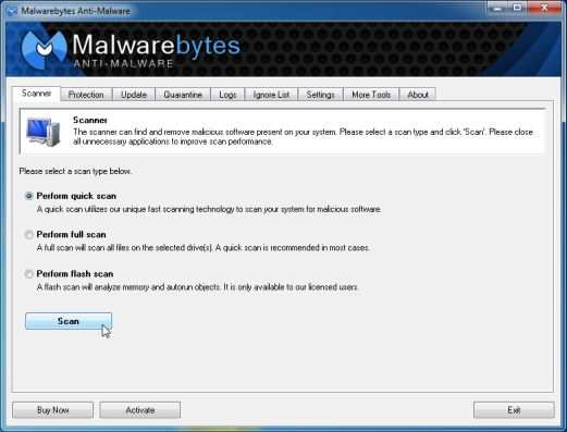 [Изображение: быстрое сканирование Malwarebytes Anti-Malware]