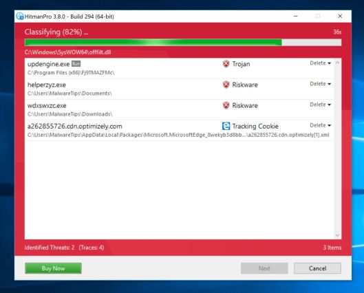 HitmanPro сканирование на наличие вирусов Trojan: Win32 / Dynamer! Ac