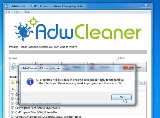 AdwCleaner удаляет вирус Trojan: Win32 / Pyrtomsop.A
