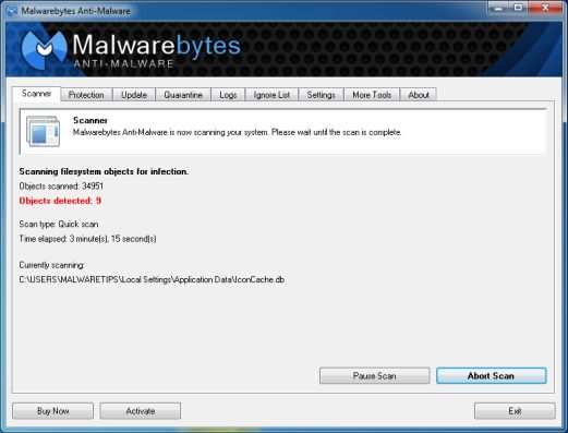 [Изображение: сканирование Malwarebytes Anti-Malware на наличие вируса Trojan.JS.Redirector.xa