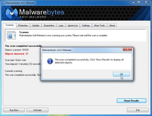 [Изображение: результаты сканирования Malwarebytes Anti-Malware]