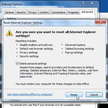 Internet Explorer вернется к настройкам по умолчанию, чтобы удалить вирус EZPowerAds