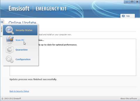 Вкладка сканирования в Emsisoft Emergency Kit