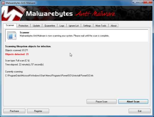 Сканирование Malwarebytes для Win 7 Defender