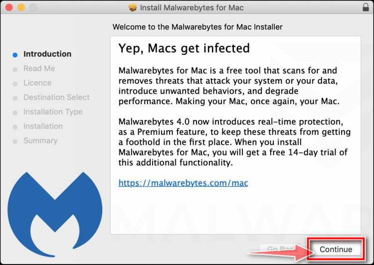 Нажмите &laquo;Продолжить&raquo;, чтобы установить Malwarebytes для Mac.