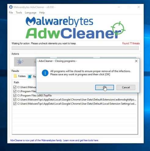 Malwarebytes AdwCleaner завершает удаление вредоносных программ