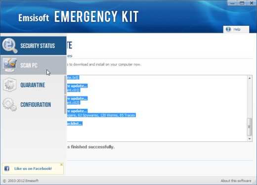 Вкладка сканирования Emsisoft Emergency Kit