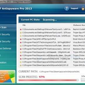 Поддельное сканирование Win 7 Antispyware Pro 2013