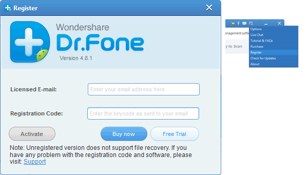 Регистрация программы Dr. Fone