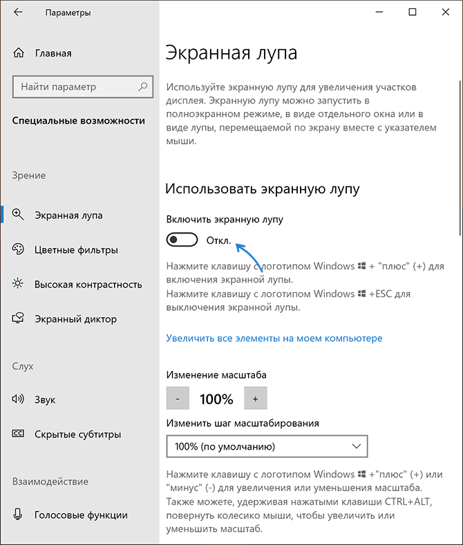 Включить экранную лупу в параметрах Windows 10