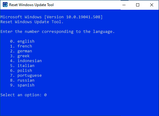 Выбор языка в Reset Windows Update Tool