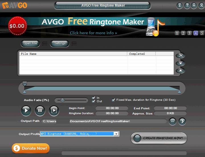 Главное окно программы AVGO Free Ringtone Maker