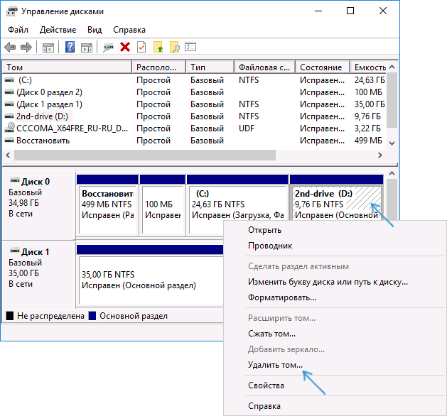 Удаление раздела диска в Windows
