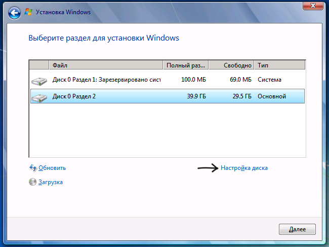 Форматирование диска при установке Windows 7