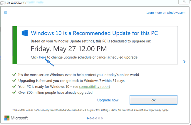 Окно запланированного обновления до Windows 10