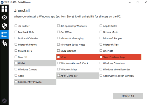 Удаление встроенных приложений Windows 10 в WPD