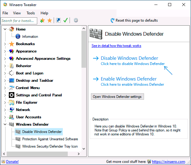 Отключение защитника Windows 10 в Winaero Tweaker