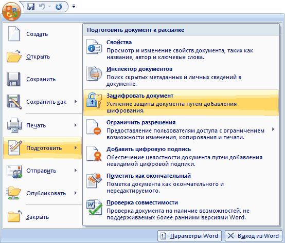 Установка пароля на документ Office 2007