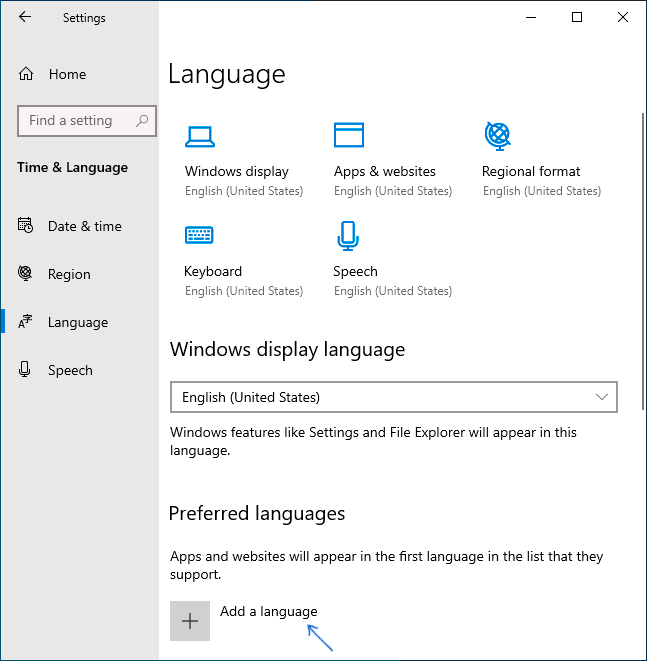 Добавить язык в параметрах Windows 10