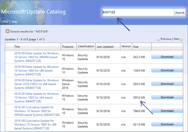Просмотр размера файлов обновлений в каталоге Майкрософт