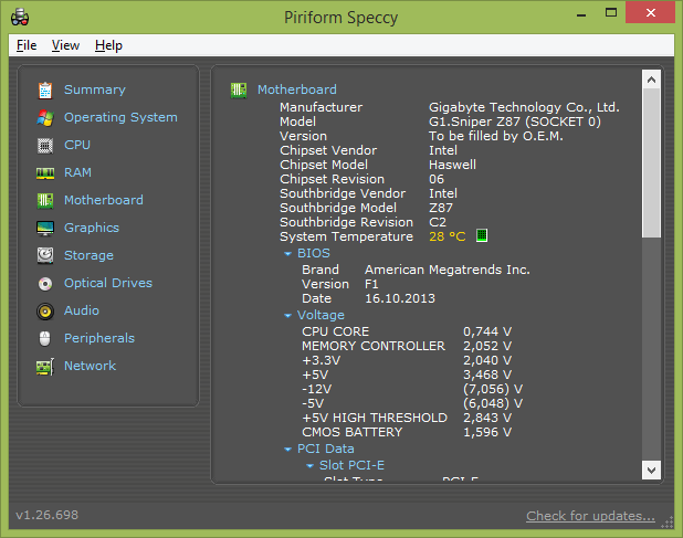 Информация о версии BIOS в программе Speccy