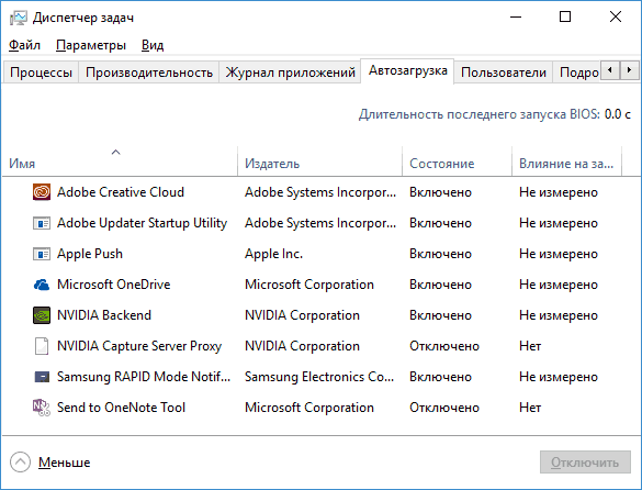 Список программ в автозагрузке Windows 10