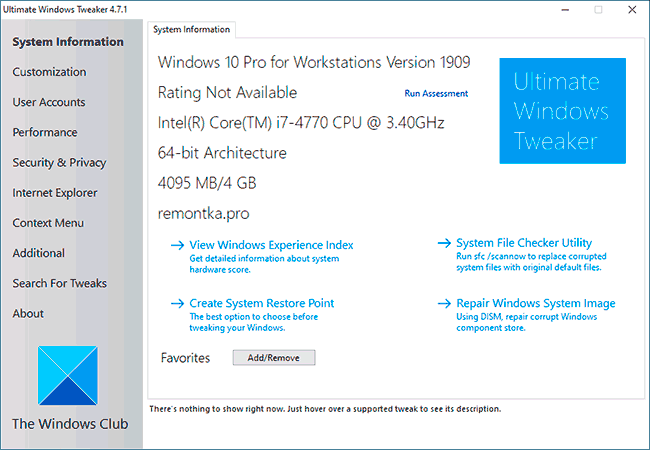 Главное окно Ultimate Windows Tweaker