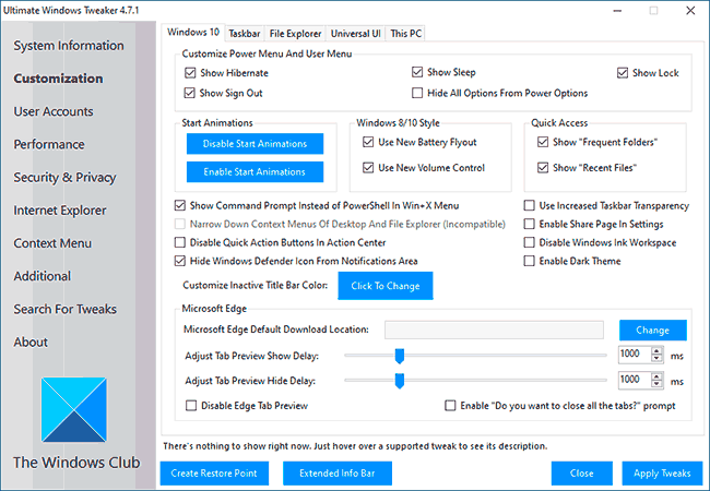 Настройки Windows 10 в Ultimate Windows Tweaker