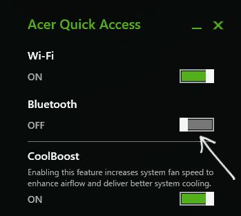 Включение Bluetooth в Acer Quick Access