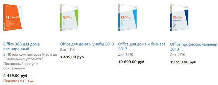 Различные варианты покупки Office 2013 на официальном сайте