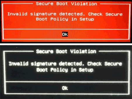 Сообщение Secure Boot Violation Invalid Signature Detected
