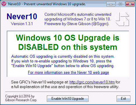 Обновление до Windows 10 отключено