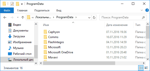 Содержимое папки ProgramData