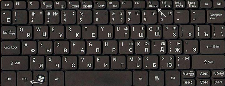 Клавиша Num Lk на клавише F11 на ноутбуке