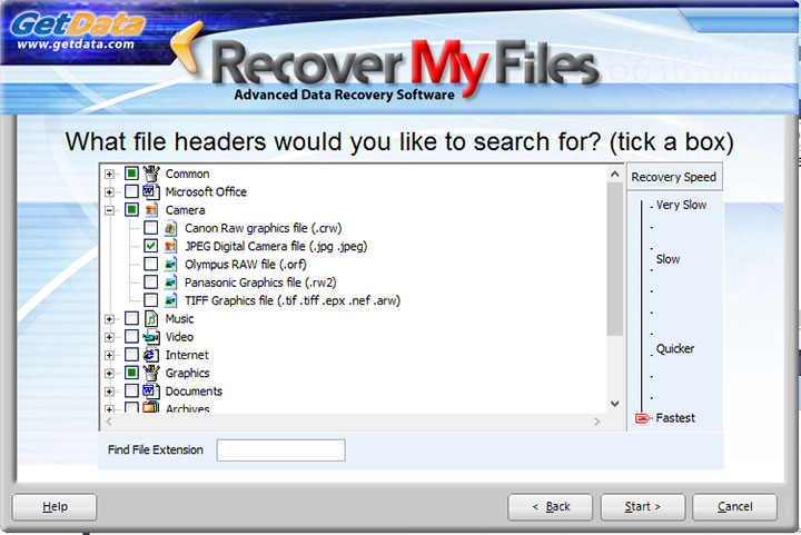 Выбор типов файлов для восстановления