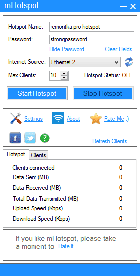 Настройка точки доступа на ноутбуке в mHotspot