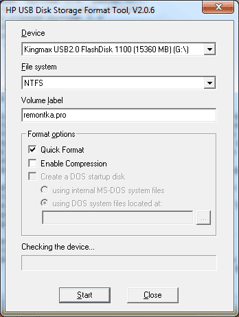Форматирование флешки в HP USB Format Tool