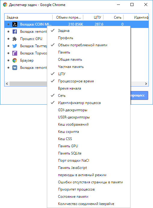 Опции диспетчера задач Chrome