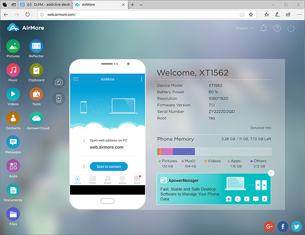 Веб-интерфейс доступа к Android в AirMore