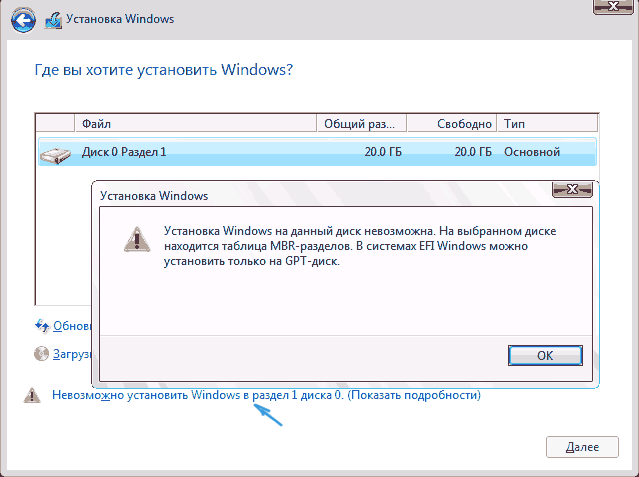 Невозможно установить Windows 10 на выбранный раздел