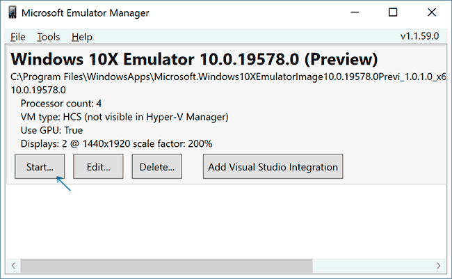 Запуск эмулятора Windows 10X